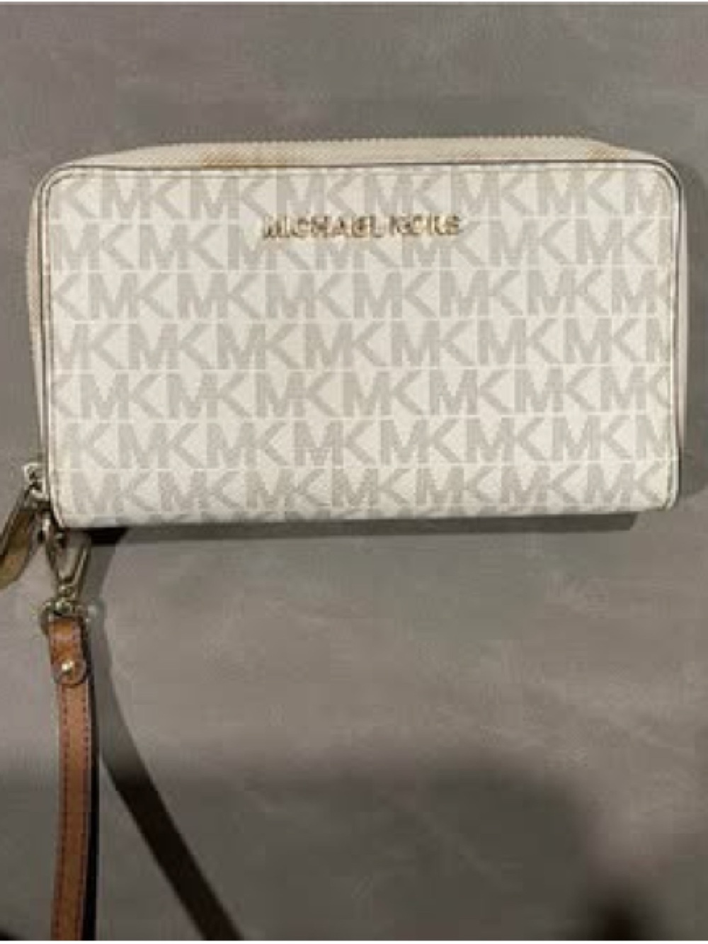 Michael Kors Ivory MK Logo Wristlet with Tan Strap